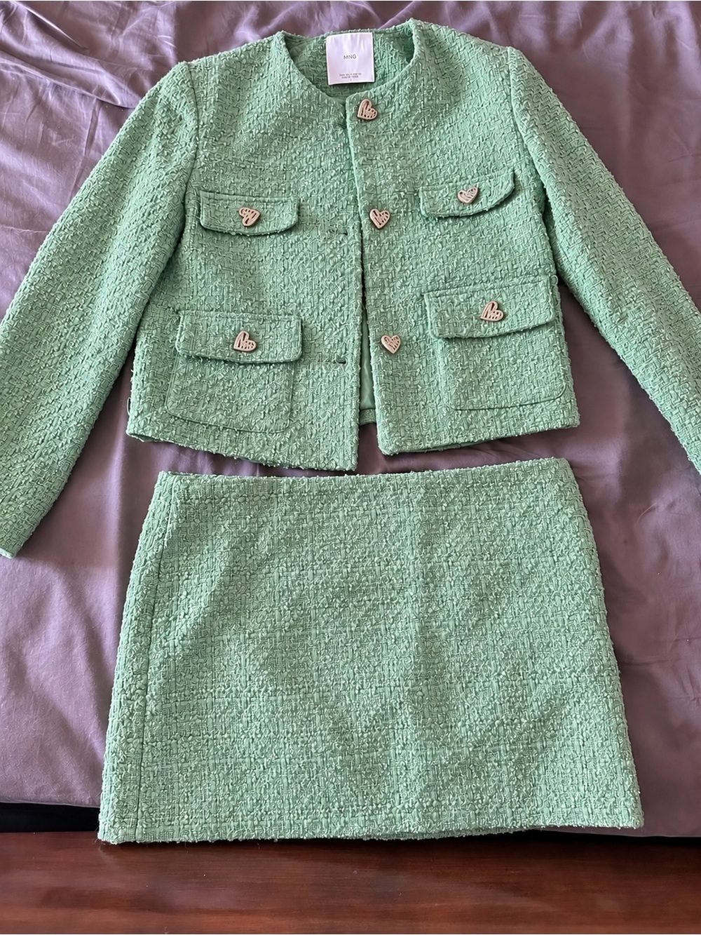 Mango Mint Green Tweed Cropped Jacket & Skirt Set